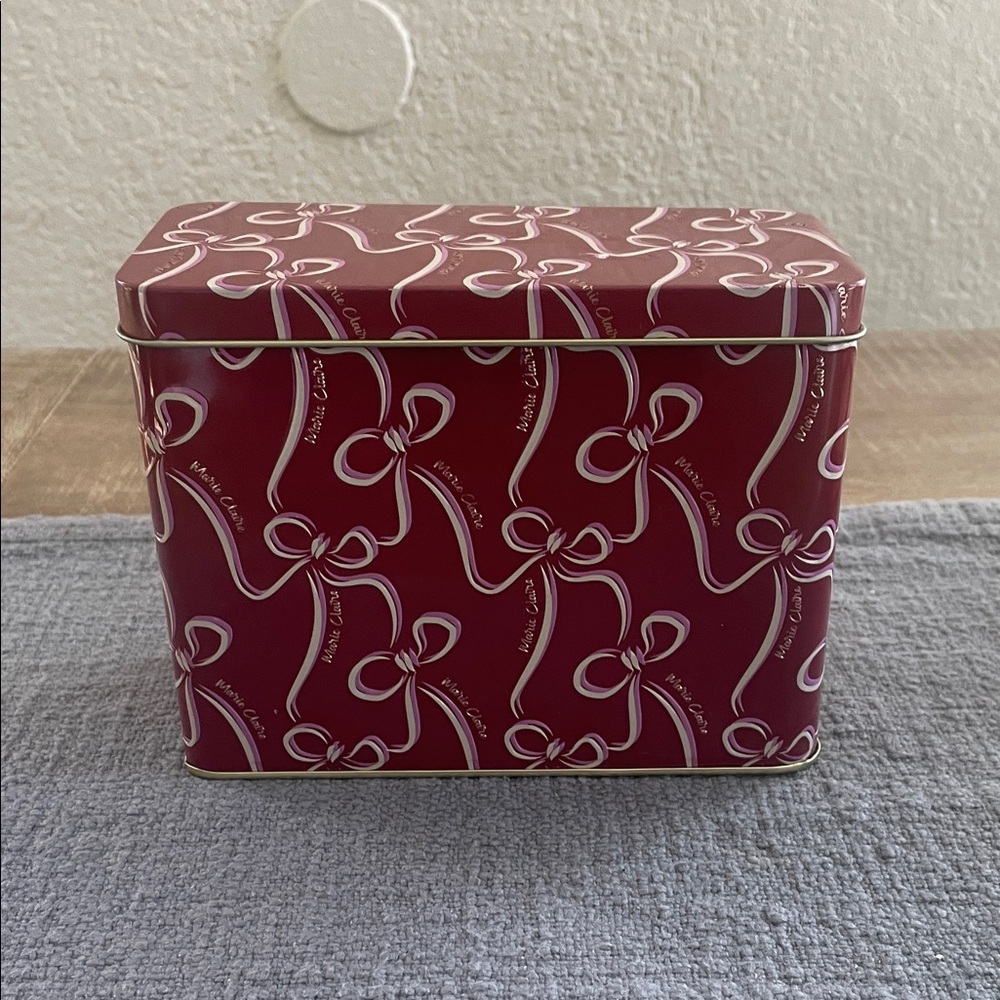Vintage Marie Claire White & Pink Ribbon Patterned Maroon Tin Box